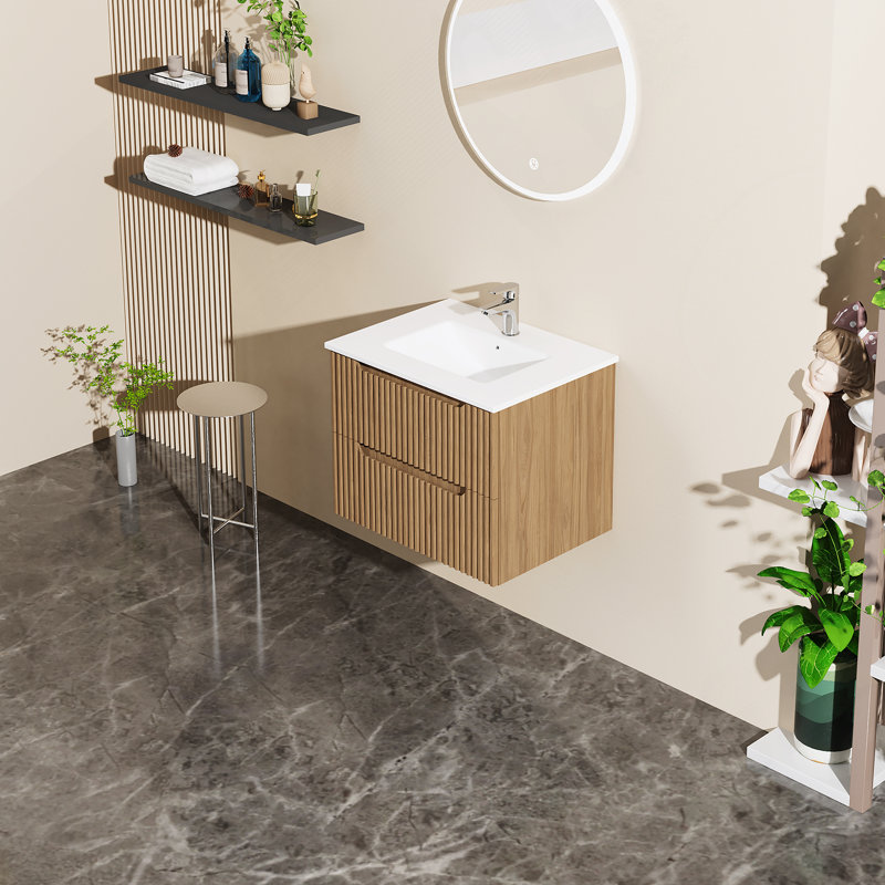 Goodyo 24" Wall-Mount Bathroom Vanity Cabinet With White Basin Sink Combo Floating, Walnut
