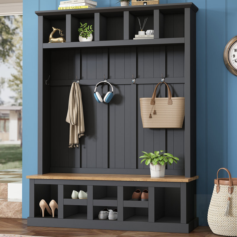 Arbre d'entrée en bois de ferme avec banc de rangement, armoire à chaussures à 13 compartiments, portemanteau à 6 crochets pour le vestibule