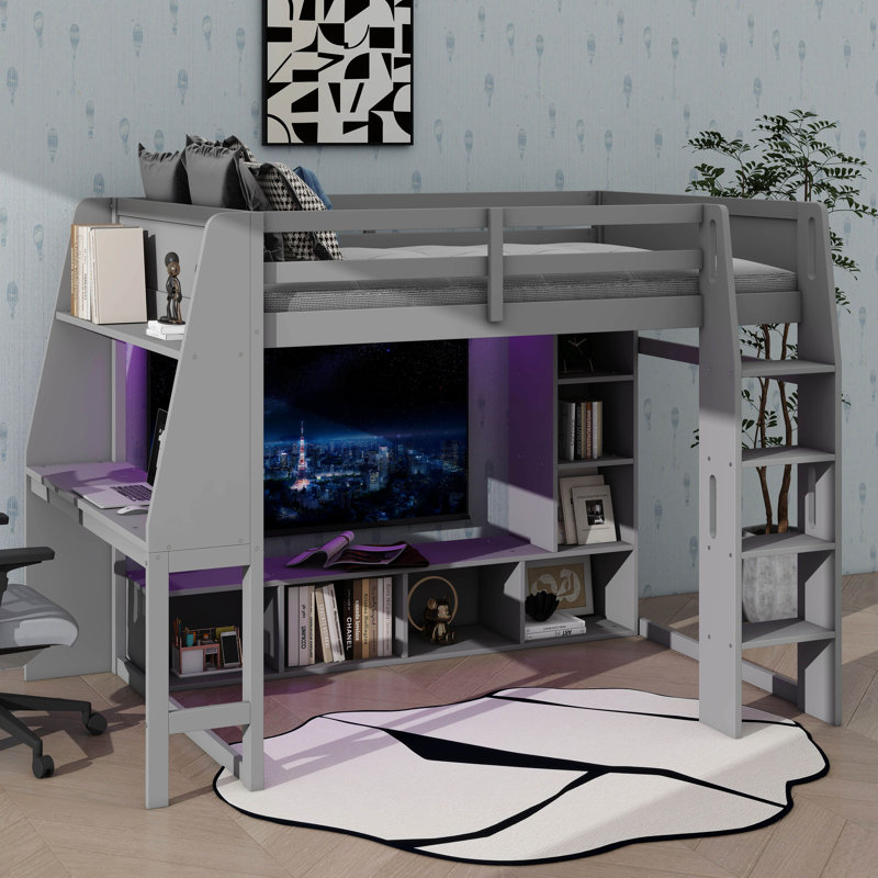 Full-Size Wooden Gaming Loft Bed – Integrated Desk, Multiple Storage Units, Built-In Lighting & Clothes Hanging Rack