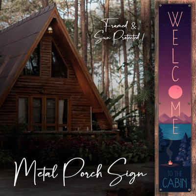 "Welcome To The Cabin - Night Campfire - Panneau de véranda en métal encadré protégé par le soleil, panneau vertical" 2 pièces