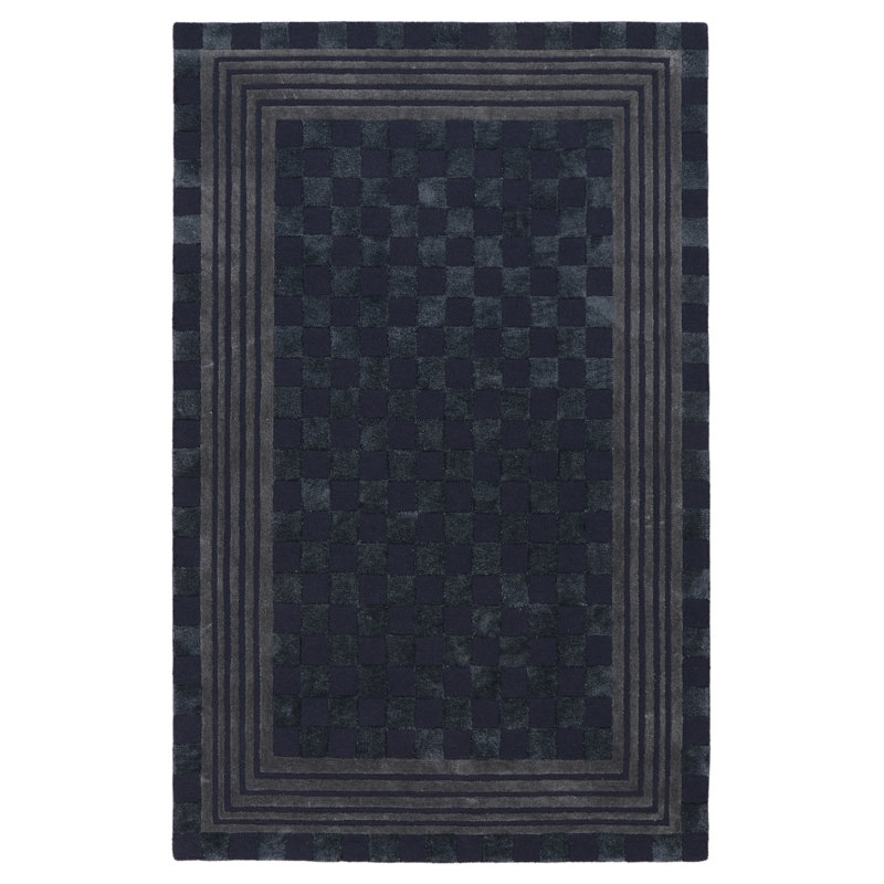 Navy Blue Tonal Check Rug, Rectangle 5' x 8'