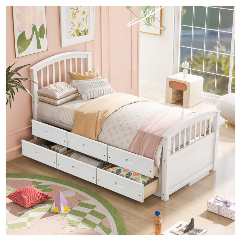 Lit plateforme simple blanc avec 6 tiroirs de rangement, cadre de lit pour enfant en bois massif avec tête et pied de lit