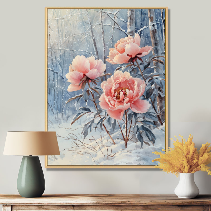 Hiver, pivoines glacées dans la forêt II - pivoines, art mural, H 32 po x l 24 po, Reproduction avec cadre flottant