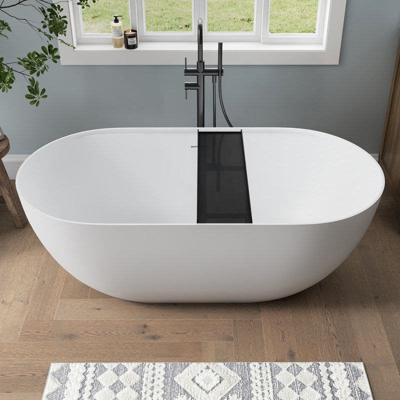 Forma 59'' Freestanding Tub Solid Surface Freestanding Soaking Tub With Bath Caddy, Black