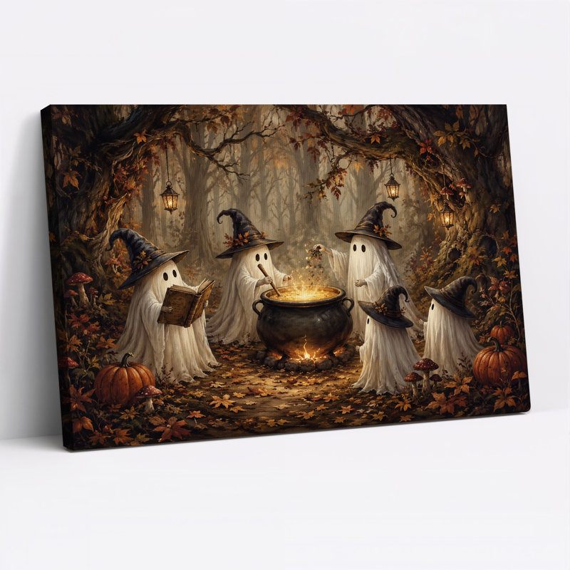 Art mural sur toile, "Ghost Witches Stirring Cauldron In Autumn Forest", H 32 po x l 48 po