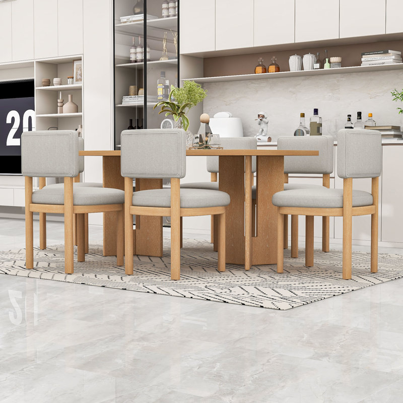 Table de salle à manger 7 pièces, table de salle à manger avec 6 chaises rembourrées, Bois naturel délavé