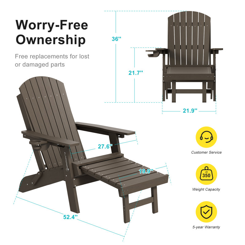 Folding Adirondack Chair with Retractable Ottoman & Cup Holder, 3-Position Adjustable for Patio, All-Weather Outdoor Seating