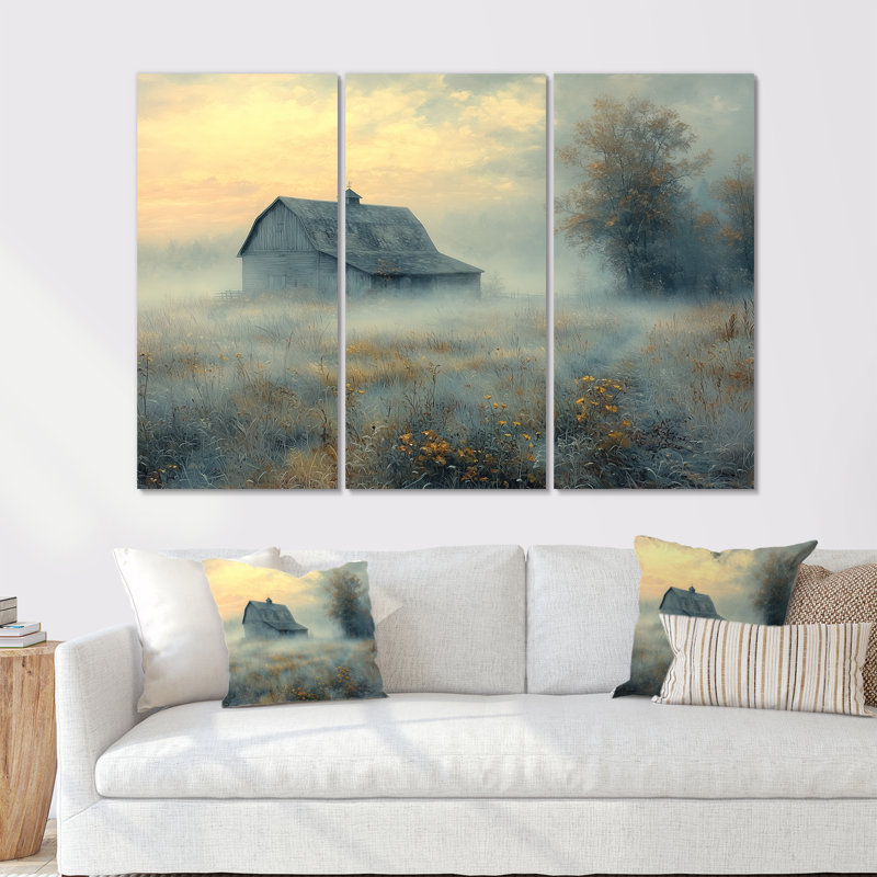 «Blue Misty Dawn Farmhouse IV», ensemble d'art mural de ferme, Métal métal, H 28 po x l 36 po x P 1 po