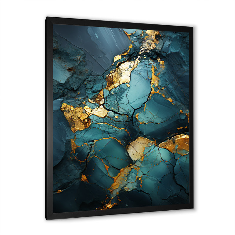 Marbre doré et vert abstrait Aura VI - décoration murale en marbre, Cadre simple noir, H 32 po x l 24 po x P 1 po