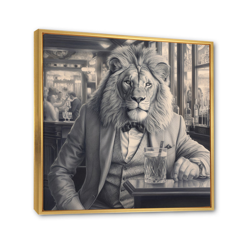 Lion ayant une boisson sur toile, Cadre flottant doré, H 36 po x l 36 po x P 1,5 po