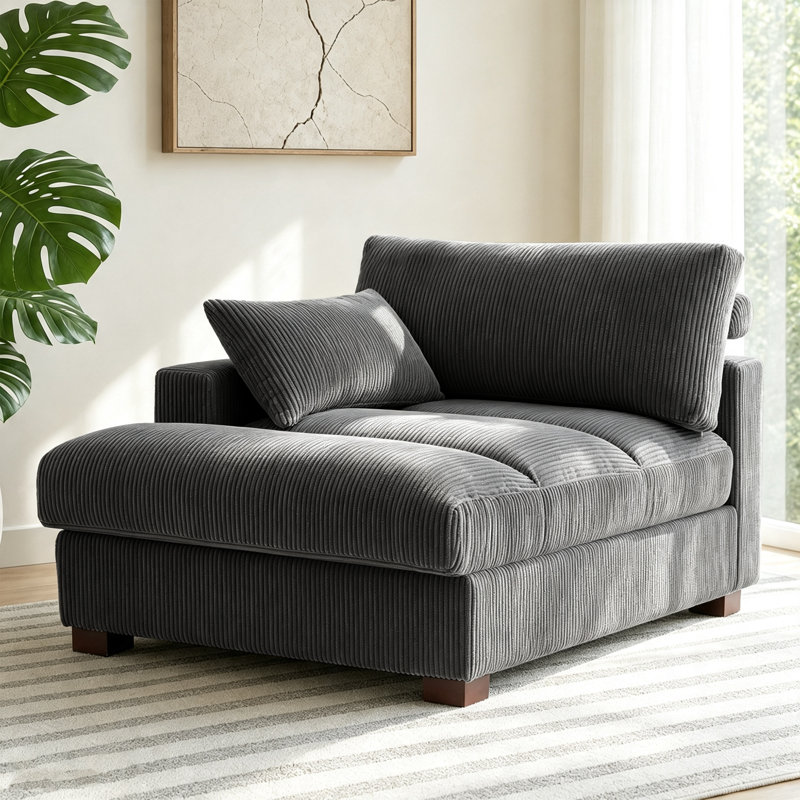 Chaise longue surdimensionnée en velours côtelé gris avec accoudoirs et coussins décoratifs Bentura, Velours côtelé gris