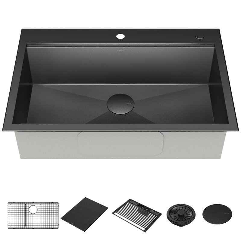 Évier de cuisine encastré en acier inoxydable noir Delta Rivet ™, L 33 po x l 22 po
