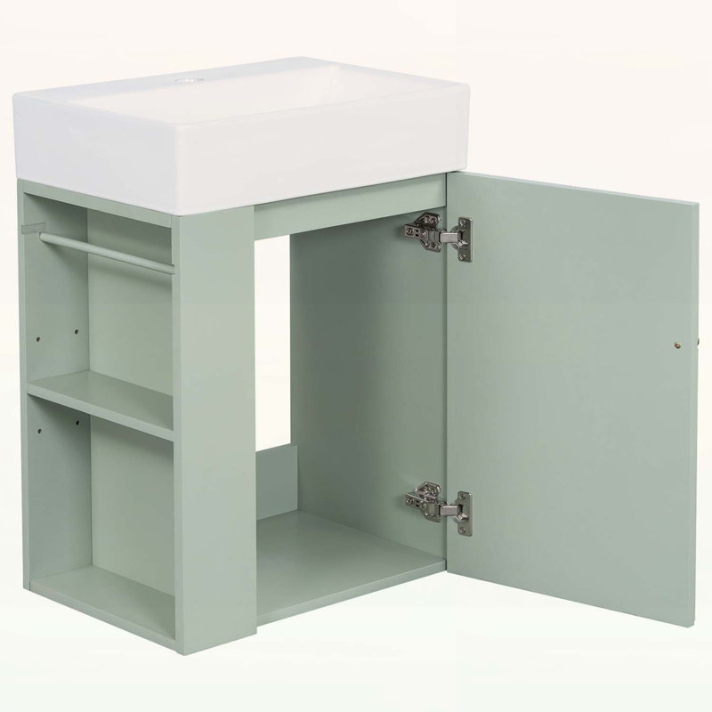 Meuble-lavabo de salle de bain avec lavabo en céramique, poignée dorée et tablettes latérales pour les petits espaces, Vert