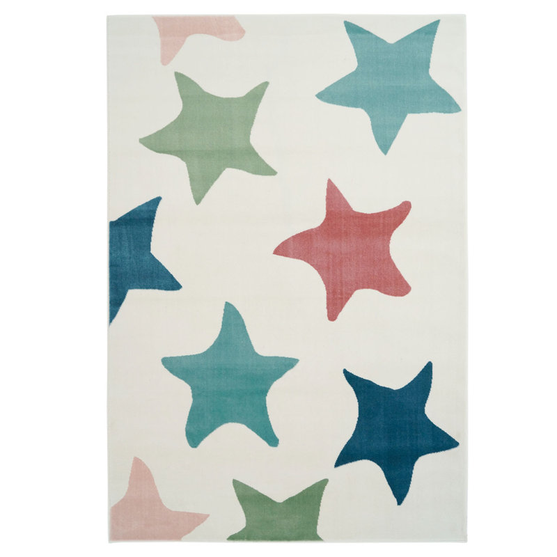 Tapis à motif géométrique crème et bleu tissé à plat Jannie, Rectangle 6 pi 5 po x 9 pi 5 po