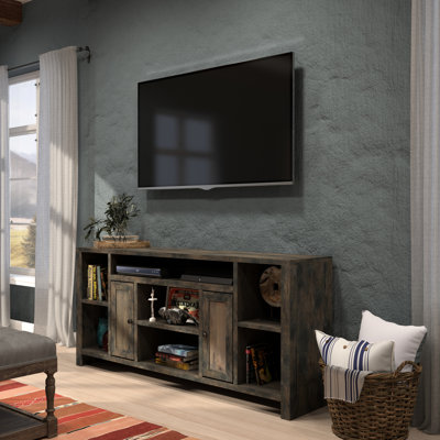 Console rustique de 74 po pour meuble télé, finition, ajustement 85 po, sans assemblage, bronze garni de texture, s'adapte aux téléviseurs, style et