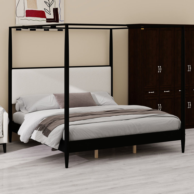 Cadre de lit à baldaquin de style moderne du milieu du siècle avec tête de lit rembourrée, King, Black
