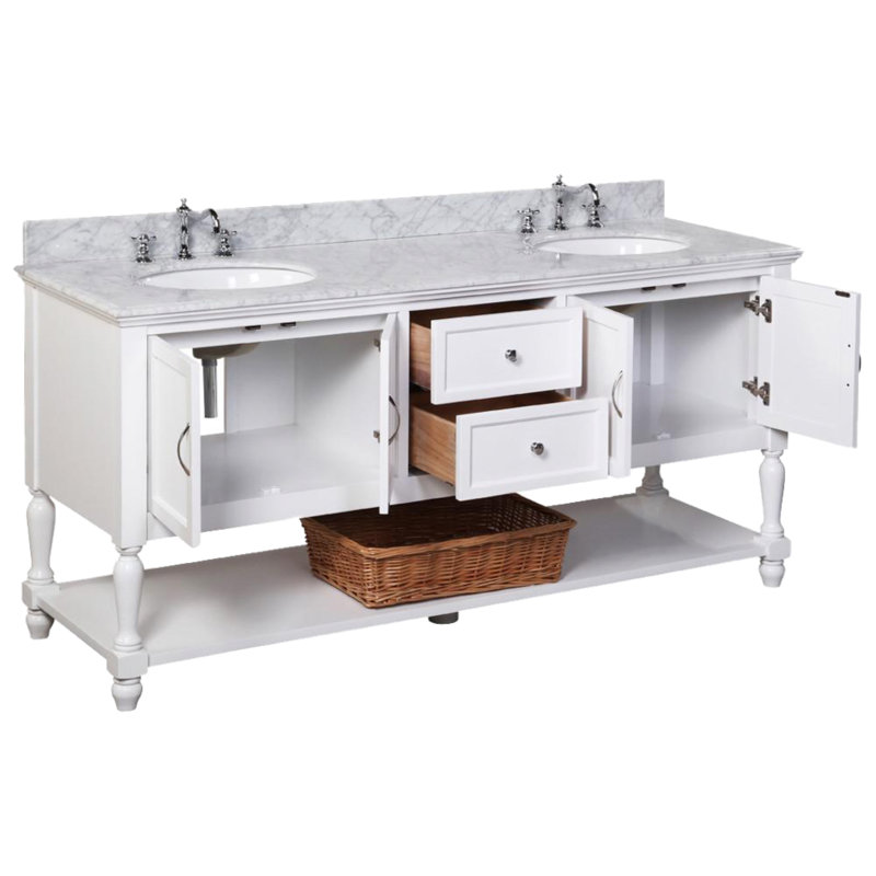 Hampton 72'' Double Bathroom Vanity with Top, White, Carrara Marble