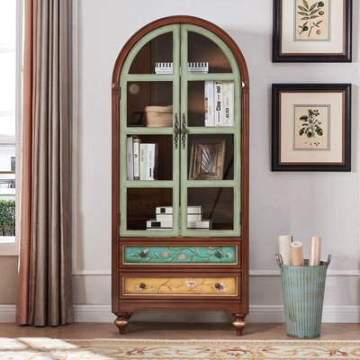 Green + Brown Solid + Manufactured Wood + Glass Display Cases