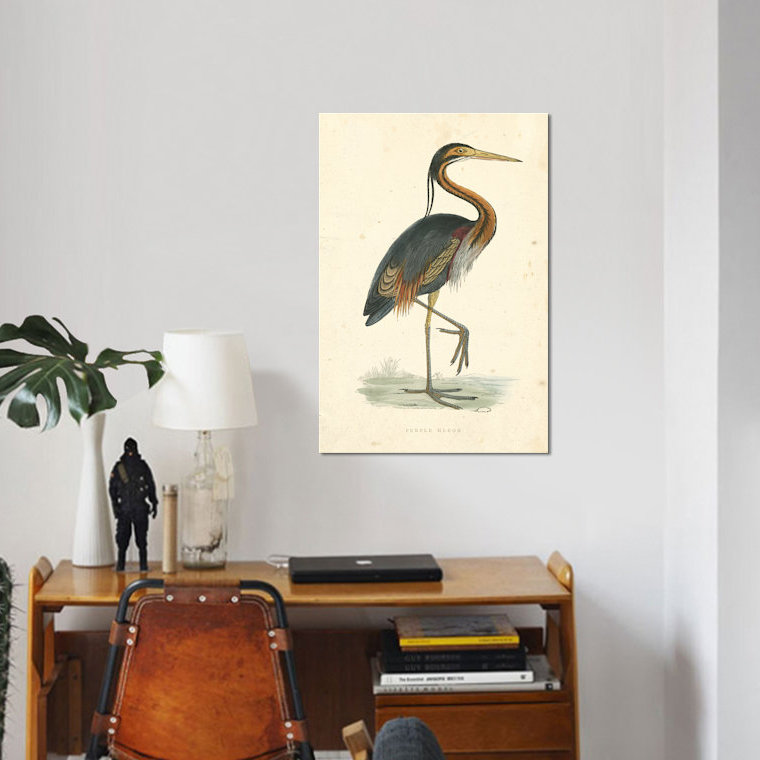 « rétro héron », impression sur toile, H 12 po x l 8 po x P 0,75 po, Toile tendue, Pas de tapis
