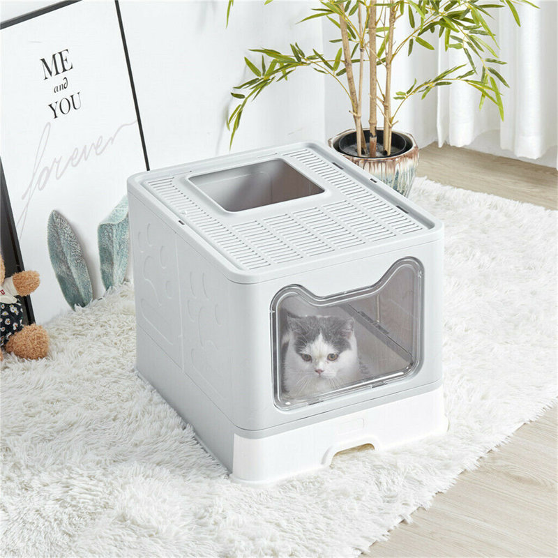 Foldable Plastic Cat Litter Box Top Entry Type Anti-Splashing With Lid/ Scoop, Grey