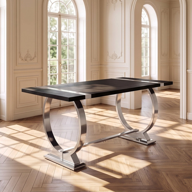 Table de salle à manger 60 "Glam - Plateau en bois d'ingénierie noir avec pieds en acier en forme de O et base en tréteaux
