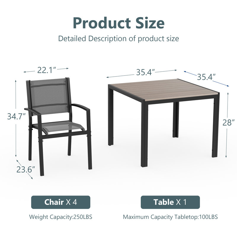 Ensemble de chaises de bistro 5 pièces en polyester enduit de PVC avec table de salle à manger, Gris