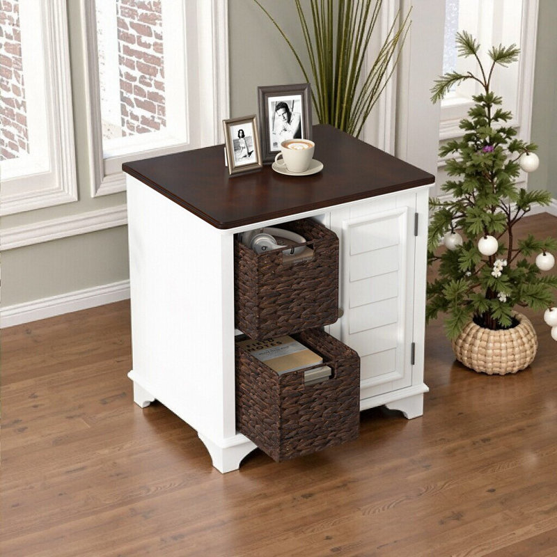 Table basse de style américain avec volets et paniers de rangement, Blanc