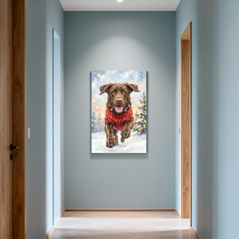 Animaux, chien, chandail rouge, scène hivernale, H 18 po x l 12 po