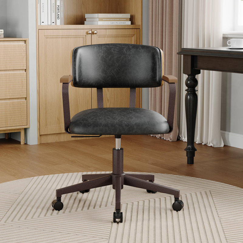 Mid-Century Modern Faux Leather Office Chair with Wood Accents, Adjustable Height Task Chair, Black Gray