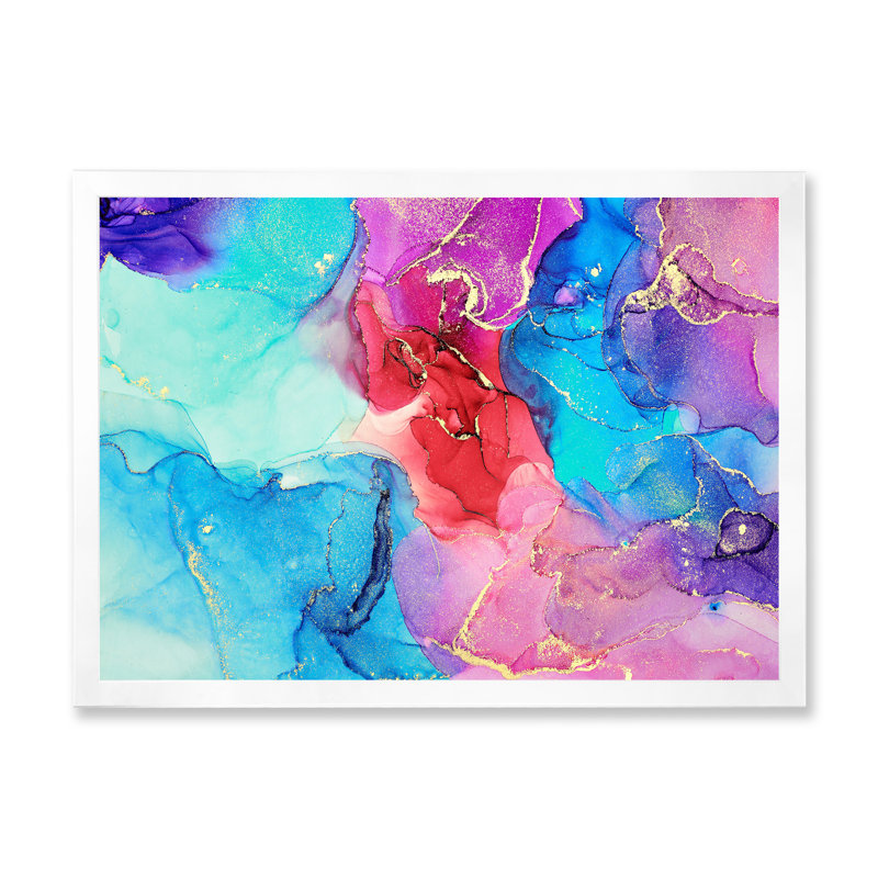 Turquoise luxueux, art abstrait fluide V - peinture sur toile, Cadre photo blanc, H 34 po x l 44 po x P 1,5 po