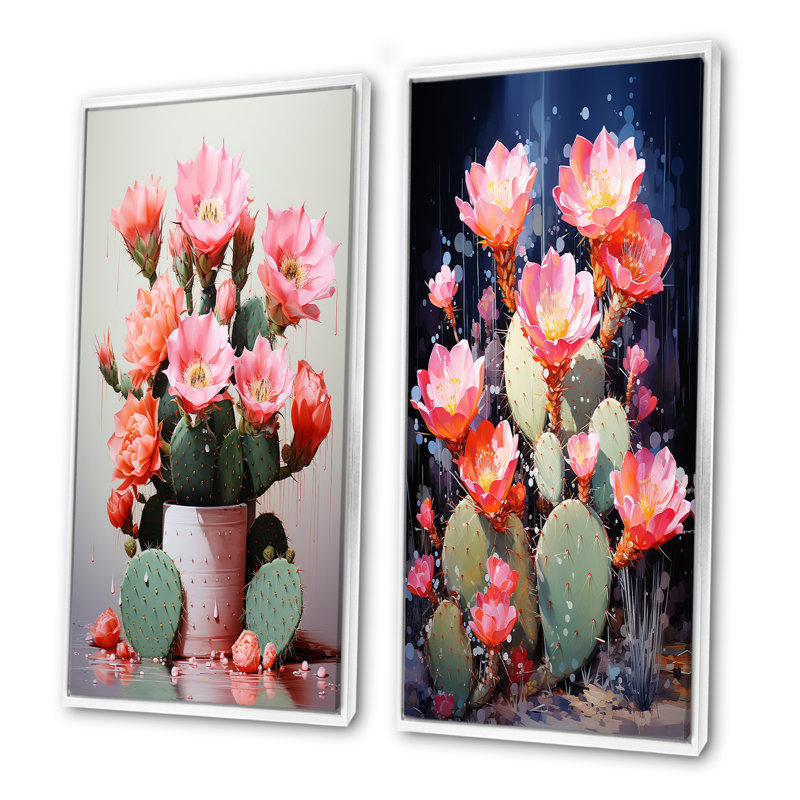 Cactus framboise réserve - ensemble de 2 impressions sur toile cactus, Cadre flottant blanc, H 28 po x l 25 po