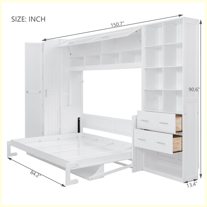 Lit escamotable moderne avec tiroirs et tablettes, Blanc, Grand