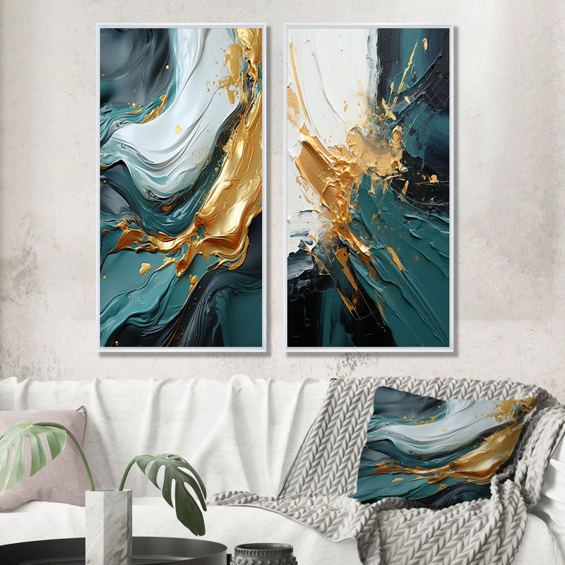 Or et vert cascade de marbre blanc IV - ensemble de 2 reproductions d'art abstrait, H 28 po x l 25 po, Cadre flottant blanc