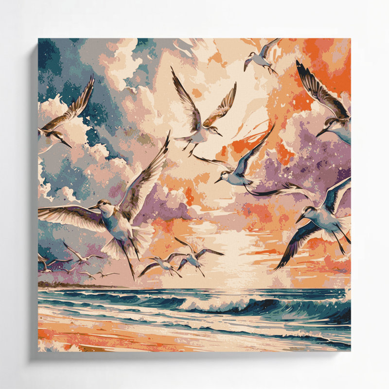 «Nautical Beach oiseaux», art mural sur toile beige, H 12 po x l 12 po