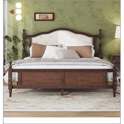 Queen Pine Wooden Bed With Upholstered Headboard And Panel Footboard, Two Bed Rail Support Feet, Central Platform, Walnut