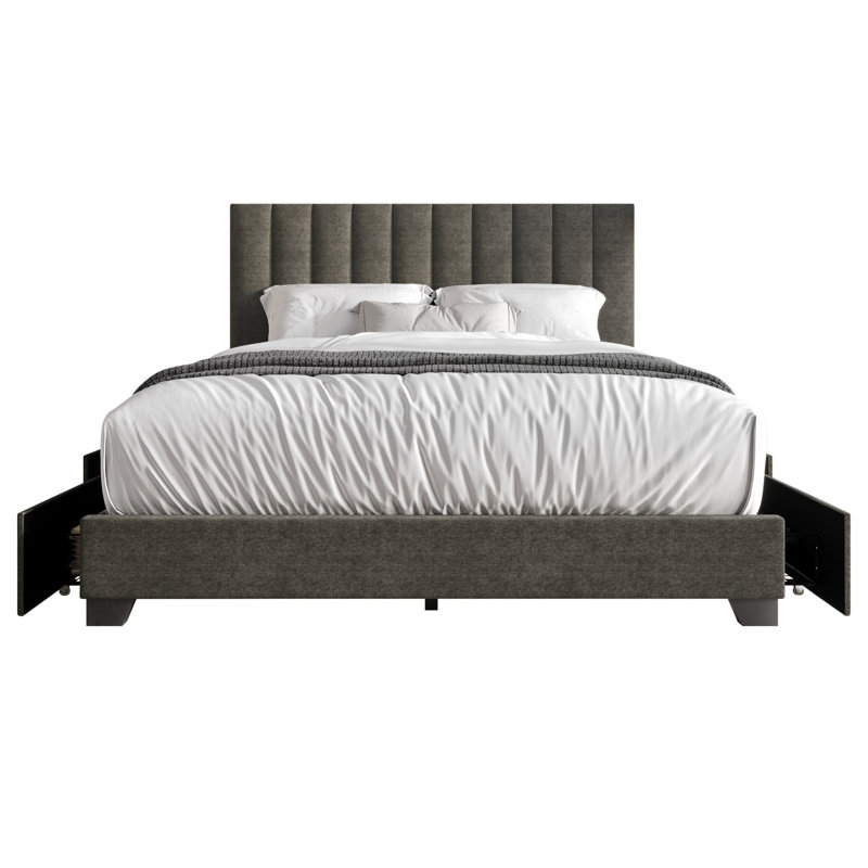 Lit plateforme tapissier avec rangement Kocis, Gris, Très grand