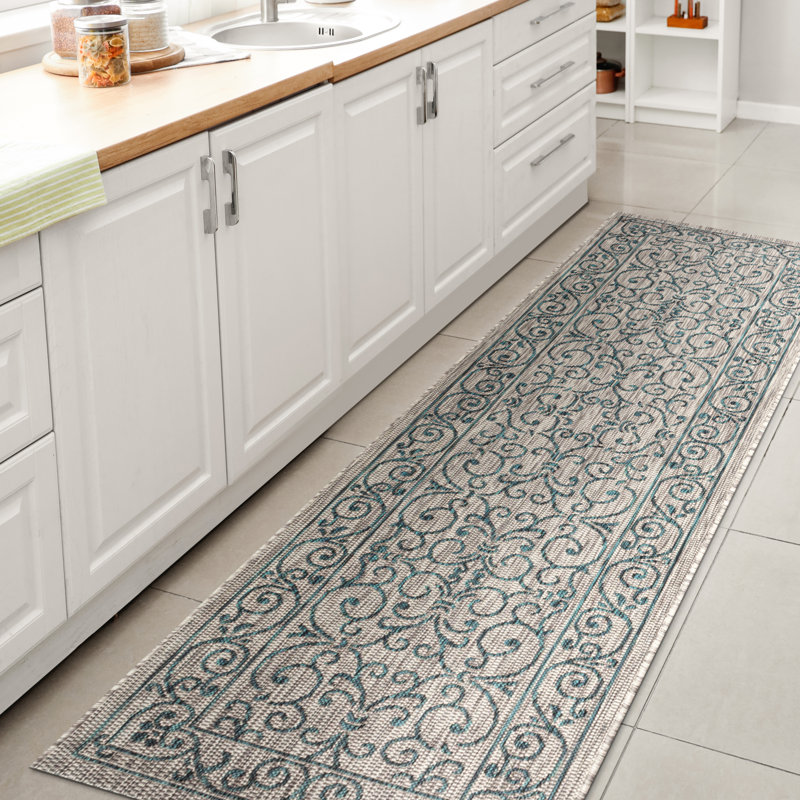 Tapis d'intérieur / extérieur gris / bleu sarcelle texturé Hagerman, Tapis de couloir 2 pi 2 po x 8 pi