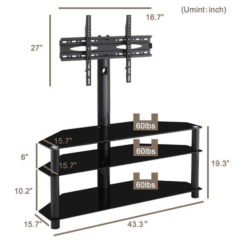 Support de plancher pivotant noir avec étagère, pouvant supporter jusqu'à 110 lb
