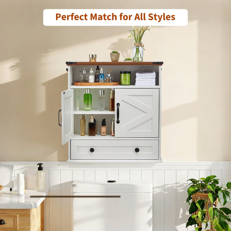 Bathroom Wall Cabinet with Double Barn Doors, Adjustable Shelf & Drawer, Over-Toilet Storage for Kitchen, Laundry, or Entryway
