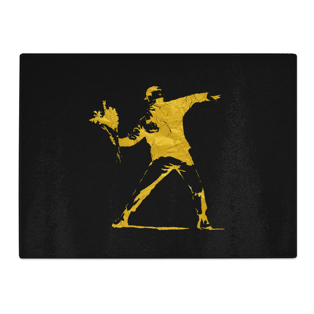 Banksy In Black Gold Flower Thrower Graffiti  Glass Chopping Board