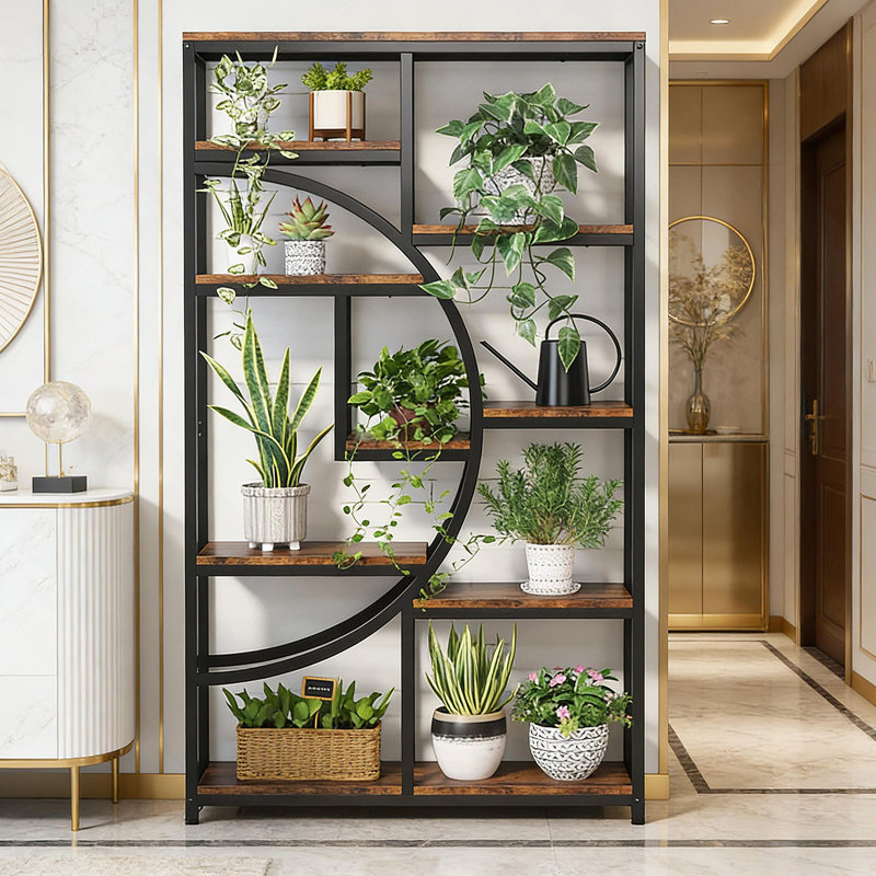 Sophisticated Geometric Design Display Shelf, Spacious And Freestanding Bookshelf With Durable Metal Frame And Rustic Brown Board