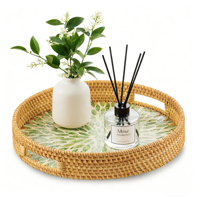 Christmas 13.8 Inch Round Rattan Serving Tray With Handle, Mother Of Pearl Inlay Wood Base, Decorative Wicker Tray For Kitchen Island Coffee Table Home Decor