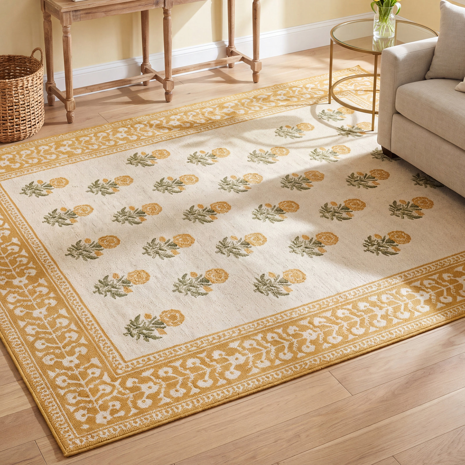 Anders Gold Floral Wool Rug, Rectangle 5'3" x 7'6"