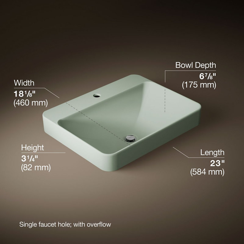 Vox Vitreous China Rectangular Vessel Bathroom Sink with Overflow, Gray, 1