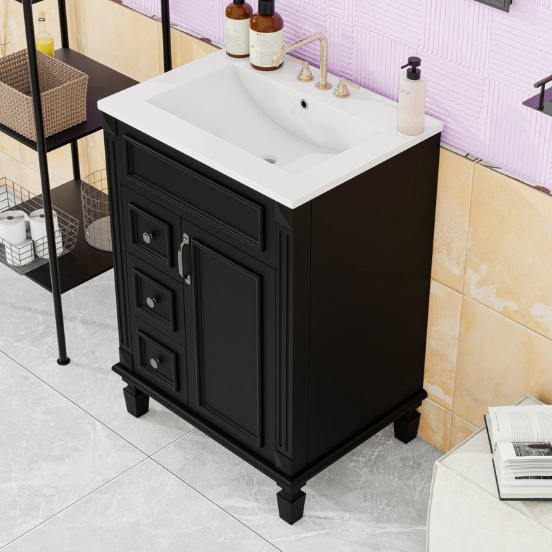 Meuble-lavabo avec lavabo en céramique, 2 tiroirs et tablette réglable, Black