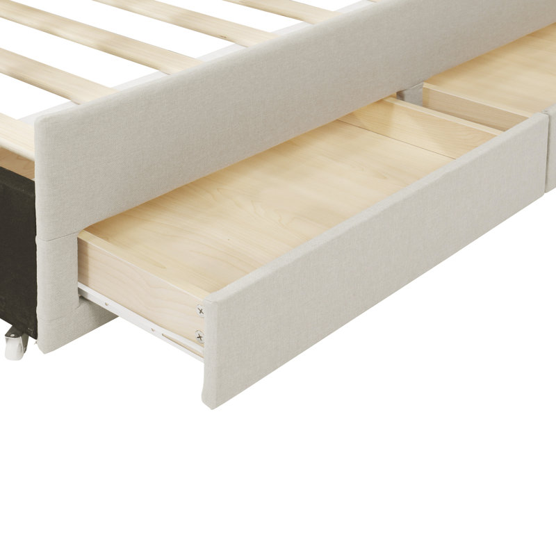 Lit plateforme tapissier avec lit gigogne, Beige, Lit double