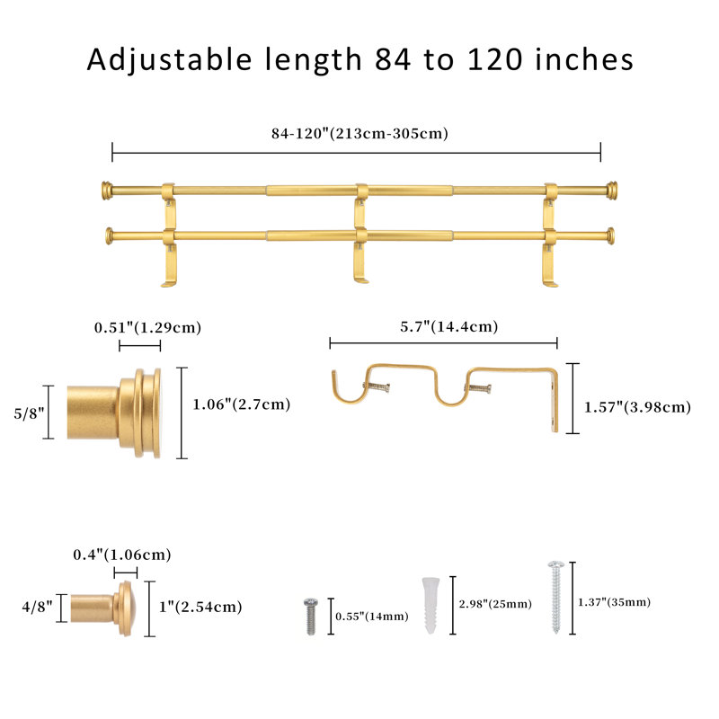 Tringle à rideaux double réglable en acier Kynley, Doré, 84" - 120"