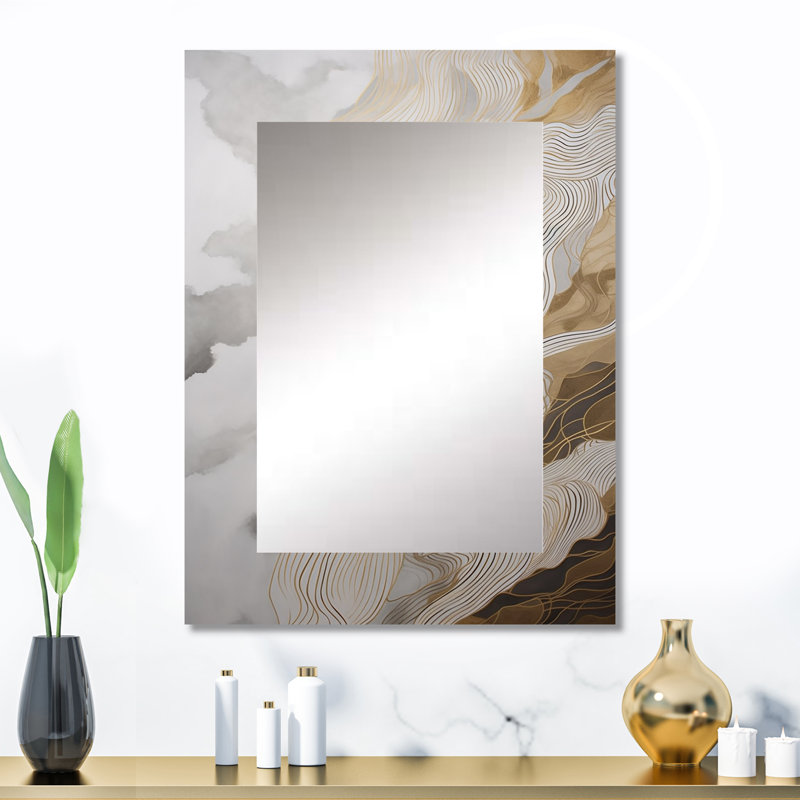 Or et gris abstrait ligne artistique III - dessin au trait unique miroir, grand miroir mural moderne, art imprimé en métal