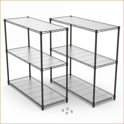 Ensemble de 2 étagères grillagées | 3 niveaux en métal robuste | 48 x 48 x 18 | 1050 lb réglable | Noir | Fer + plastique