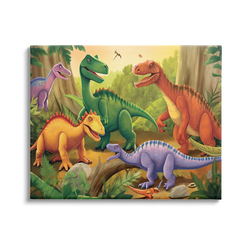 «Dinosaurs In Jungle Scene» sur toile par Wumples, H 30 po x l 40 po x P 1,5 po